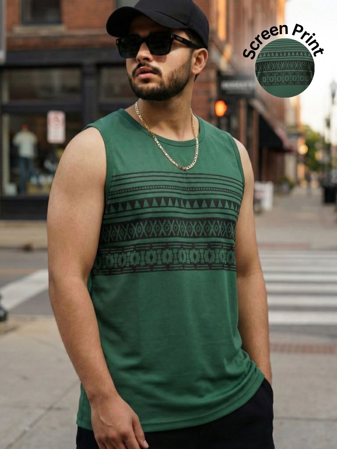 Men Round Neck Bottle Green Printed Cotton Sleeveless Training T-Shirt