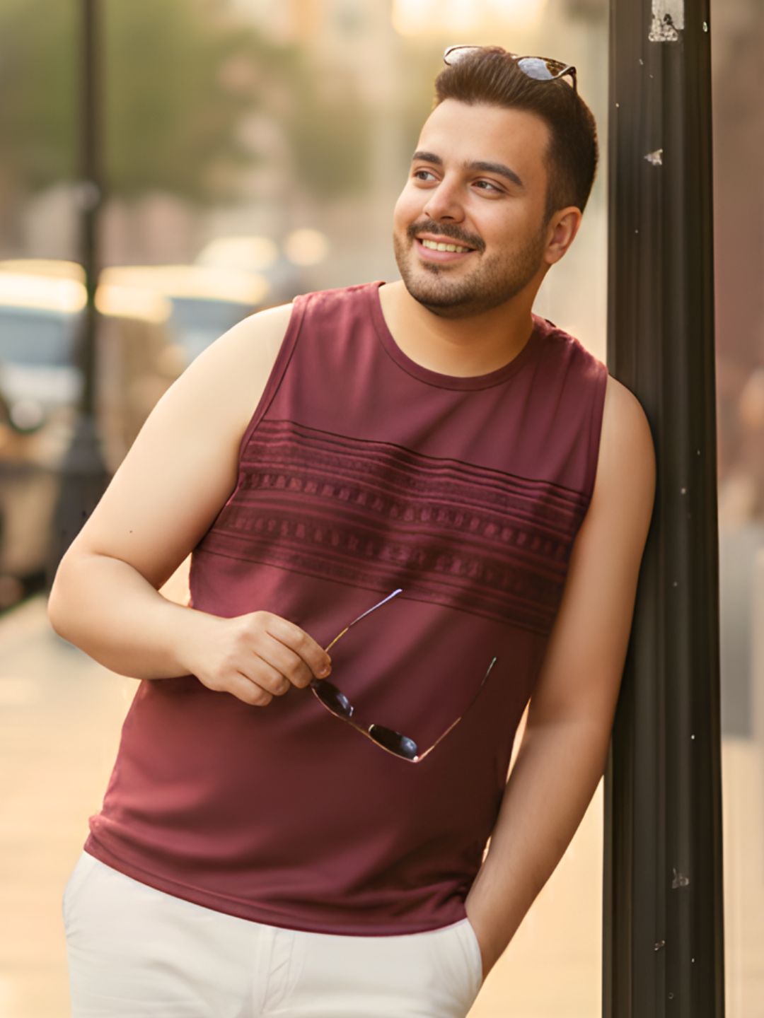 Men Cotton Sleeveless Maroon Melange Printed Round Neck GYM T-Shirt