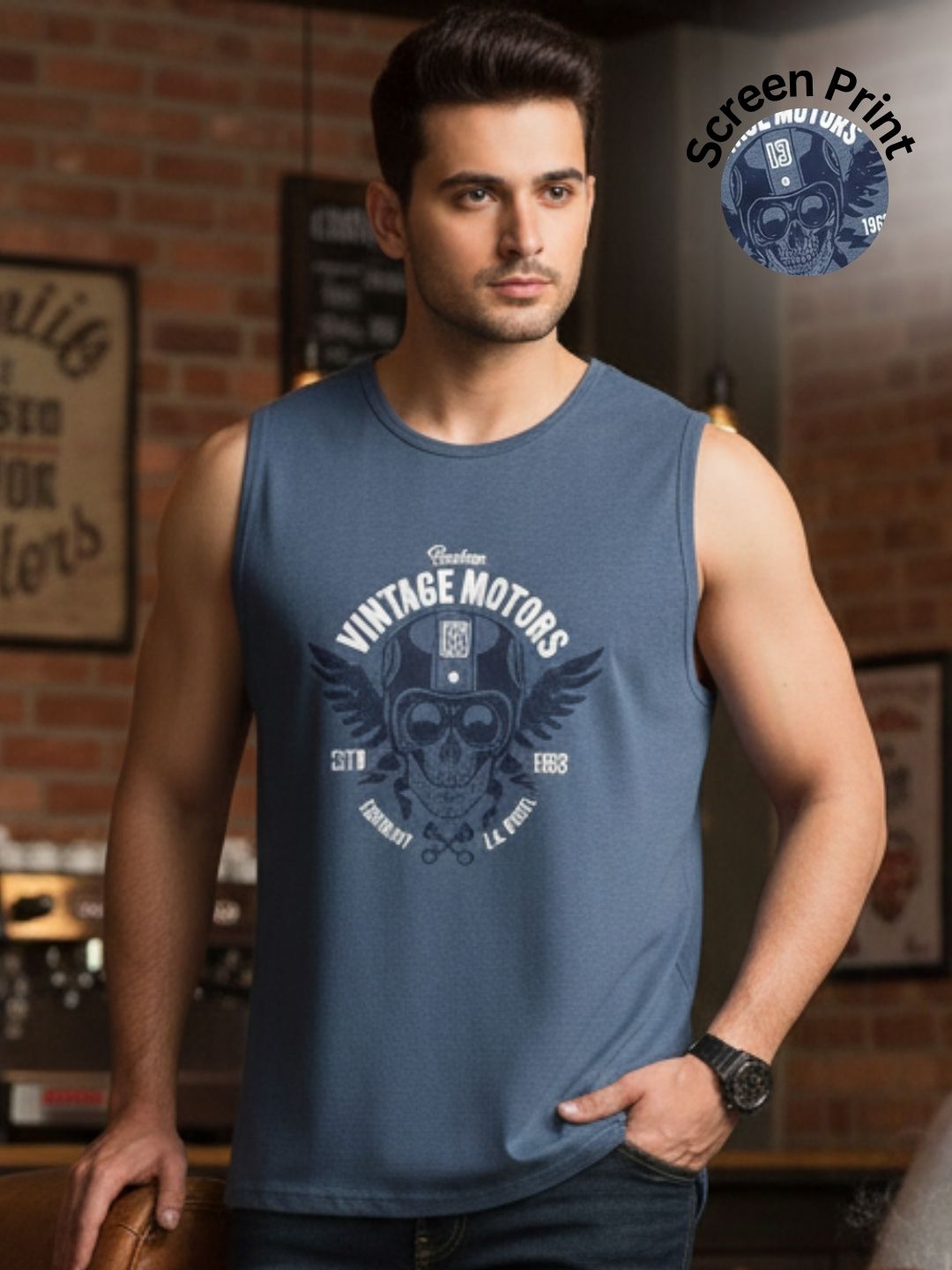 Men Regular Fit Blue Sports Graphic Printed Cotton Sleeveless Dry move T-Shirt