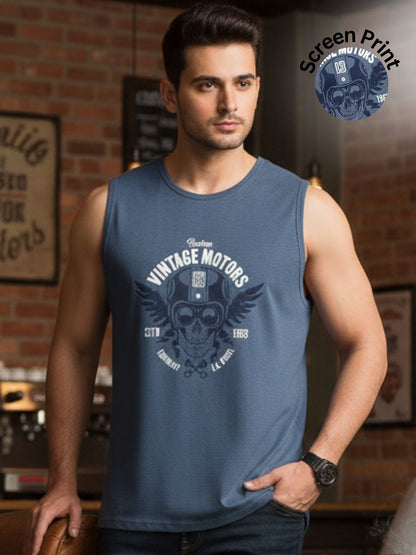 Men Regular Fit Blue Sports Graphic Printed Cotton Sleeveless Dry move T-Shirt