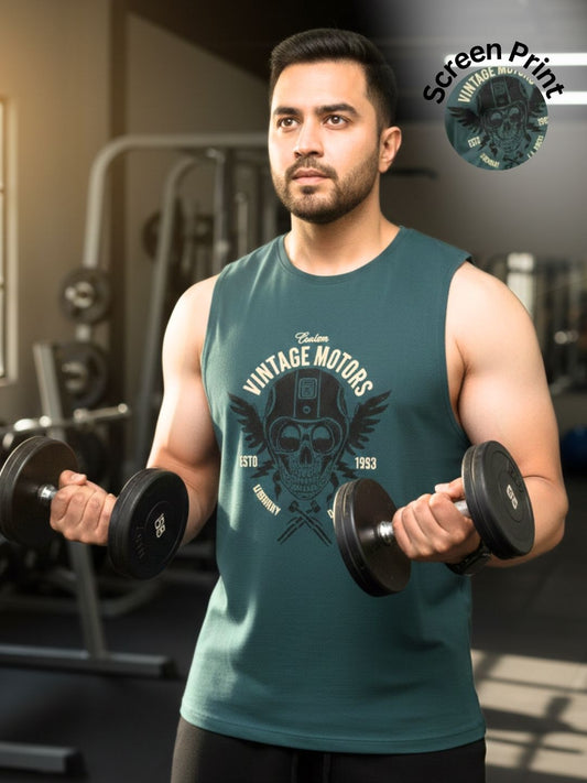 Men Teal Graphic Printed Cotton Sleeveless Running T-Shirt