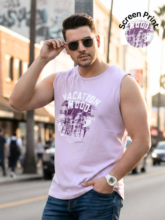 Men Light Purple Sleeveless Round Neck Typography Printed Cotton T-Shirt
