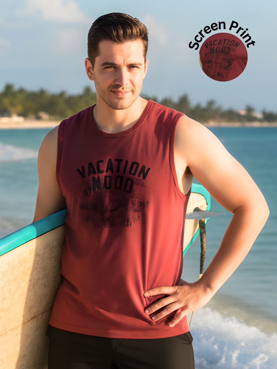 Men Round Neck Maroon Typography Print Sleeveless Cotton T-Shirt