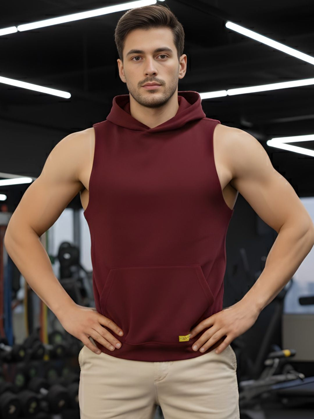 Men Sleeveless Maroon Hooded Solid Print Cotton Regular Fit Kangaroo Pocket T-shirt