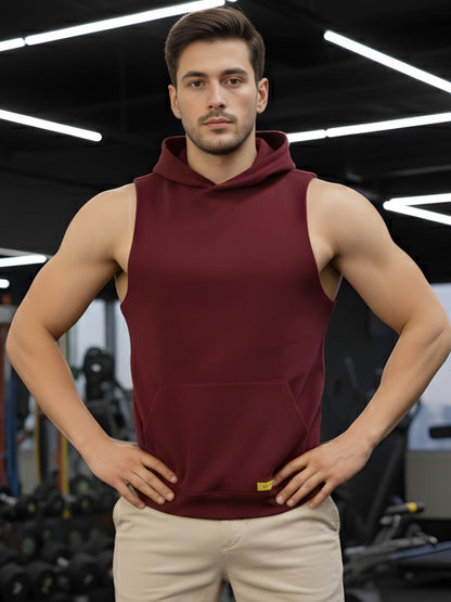 Men Sleeveless Maroon Hooded Solid Print Cotton Regular Fit Kangaroo Pocket T-shirt