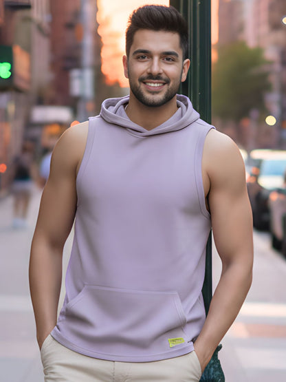 Men Light Purple Sleeveless Cotton Solid Hooded Kangaroo Pocket T-shirt