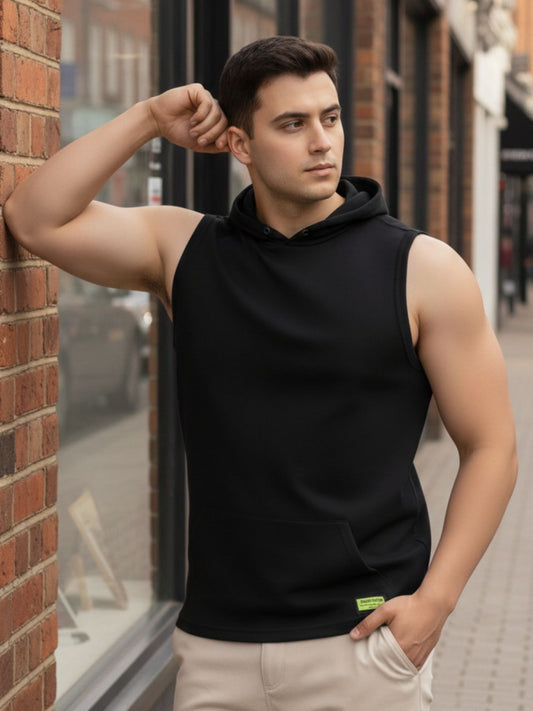 Men Cotton Solid Print Black Sleeveless Hooded Kangaroo Pocket Sports T-shirt