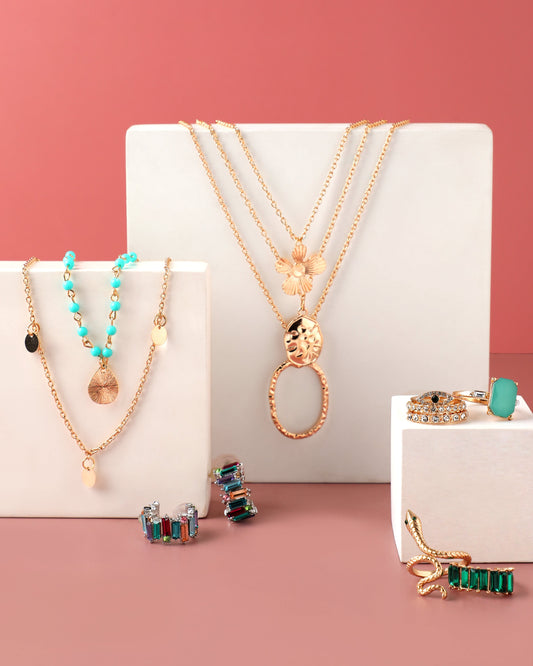MULTILAYERED NECKLACE WITH DESIGNER RING & EARRING