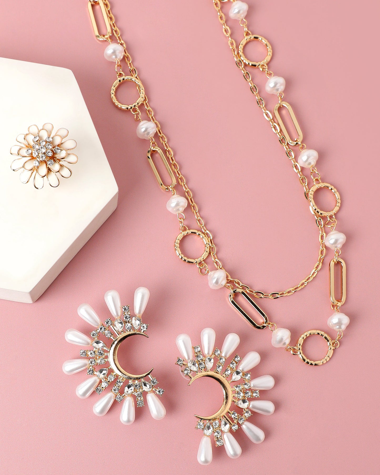 LAYERED PEARL NECKLACE WITH EARRING & RING