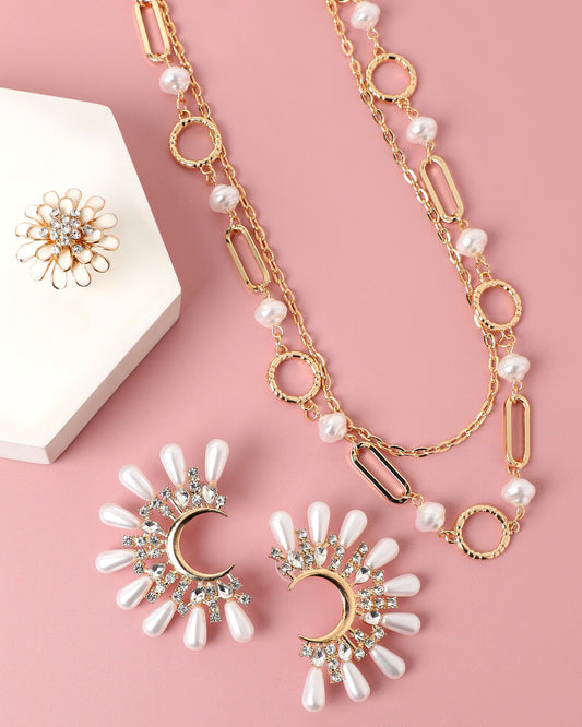 LAYERED PEARL NECKLACE WITH EARRING & RING