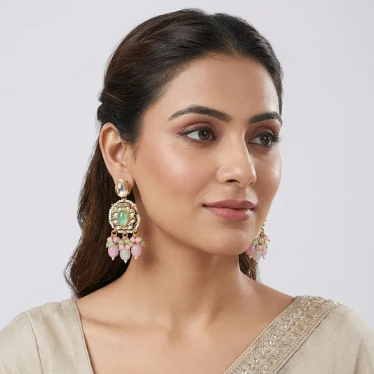 Multicolor Kundan Pearl Floral Drop Earrings For Women