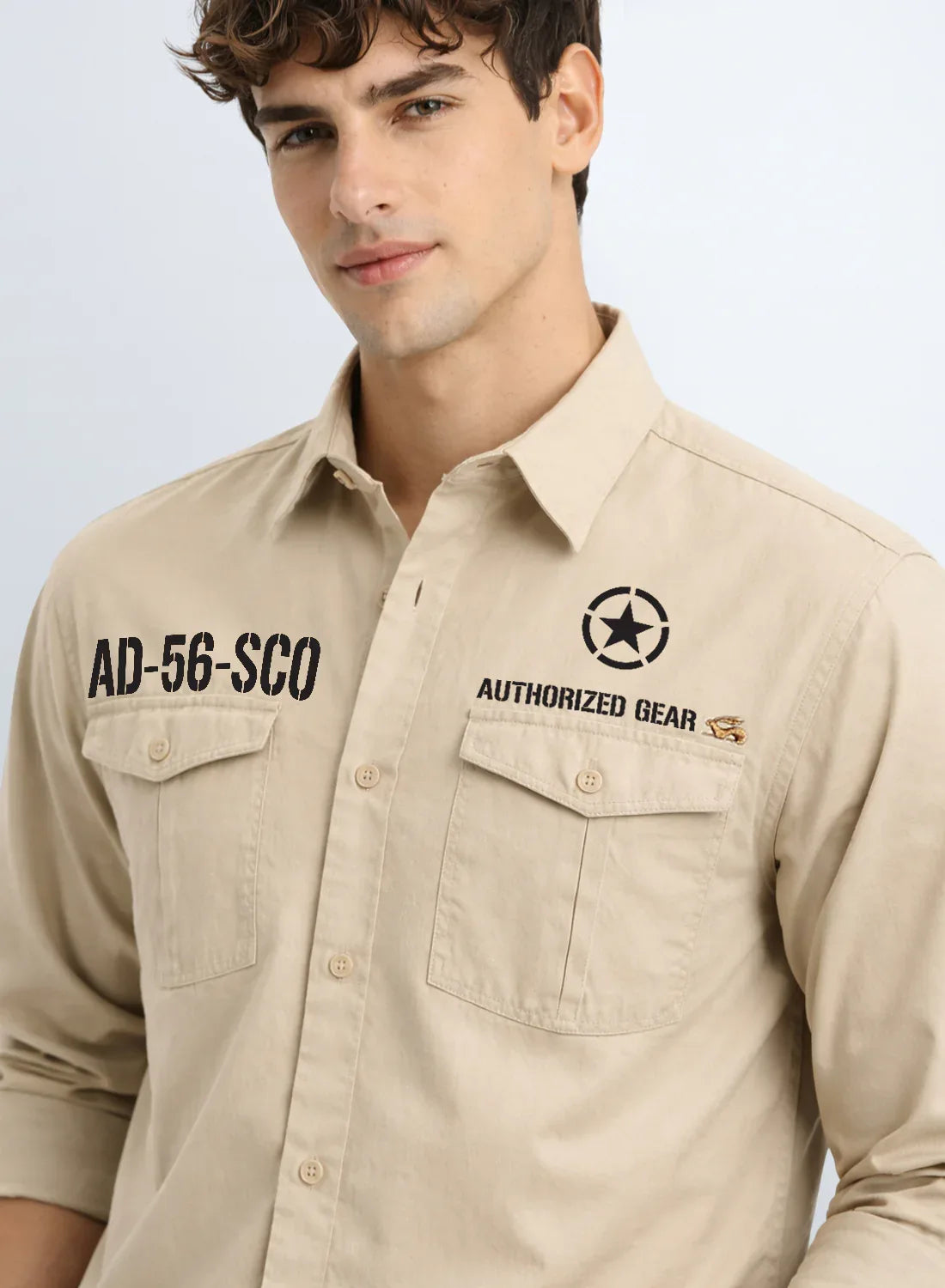 ADRO Mens Cargo Shirts in Regular Fit | Smart Dual Chest Pockets | Military Jacket Style | Beige Shacket Style Cotton Printed Shirt
