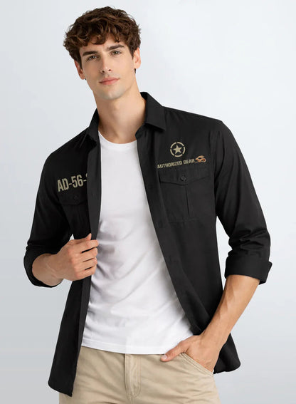 ADRO Mens Cargo Shirts in Regular Fit | Smart Dual Chest Pockets | Military Jacket Style | Grey Shacket Style Cotton Printed Shirt