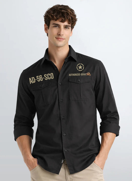 ADRO Mens Cargo Shirts in Regular Fit | Smart Dual Chest Pockets | Military Jacket Style | Grey Shacket Style Cotton Printed Shirt Dark Grey