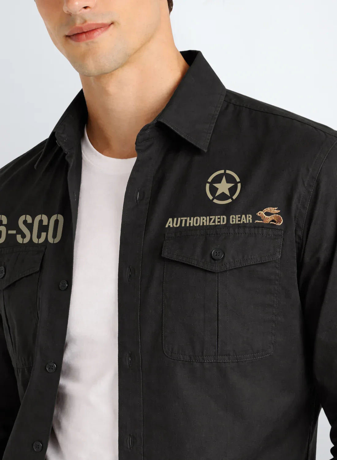 ADRO Mens Cargo Shirts in Regular Fit | Smart Dual Chest Pockets | Military Jacket Style | Grey Shacket Style Cotton Printed Shirt
