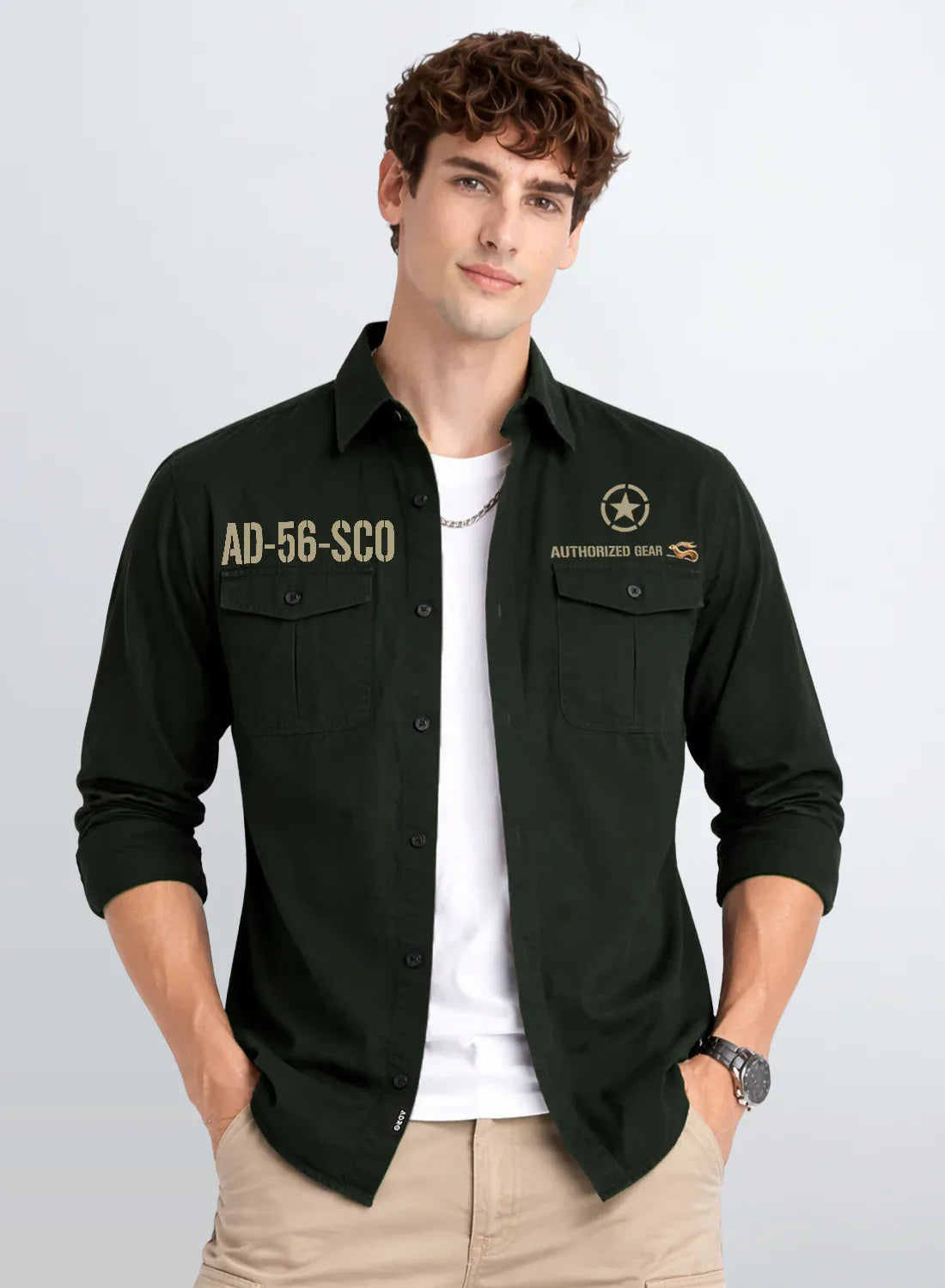 ADRO Mens Cargo Shirts in Regular Fit | Smart Dual Chest Pockets | Military Jacket Style | Green Shacket Style Cotton Printed Shirt