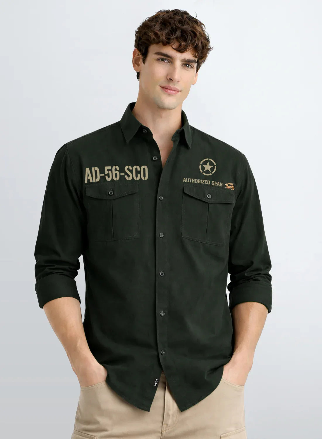 ADRO Mens Cargo Shirts in Regular Fit | Smart Dual Chest Pockets | Military Jacket Style | Green Shacket Style Cotton Printed Shirt Green