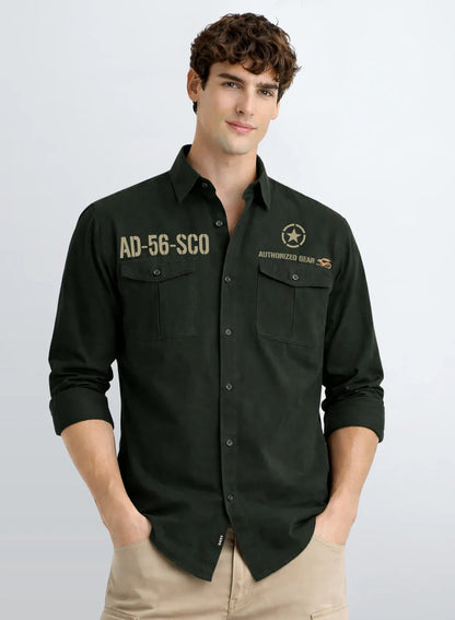 ADRO Mens Cargo Shirts in Regular Fit | Smart Dual Chest Pockets | Military Jacket Style | Green Shacket Style Cotton Printed Shirt Green