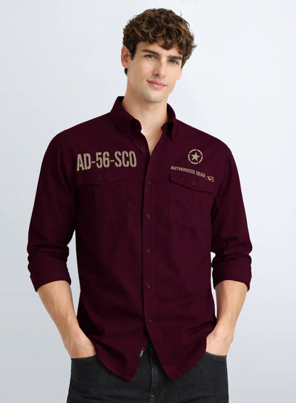 ADRO Mens Cargo Shirts in Regular Fit | Smart Dual Chest Pockets | Military Jacket Style | Maroon Shacket Style Cotton Printed Shirt Maroon