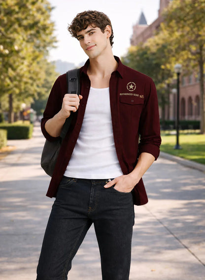 ADRO Mens Cargo Shirts in Regular Fit | Smart Dual Chest Pockets | Military Jacket Style | Maroon Shacket Style Cotton Printed Shirt