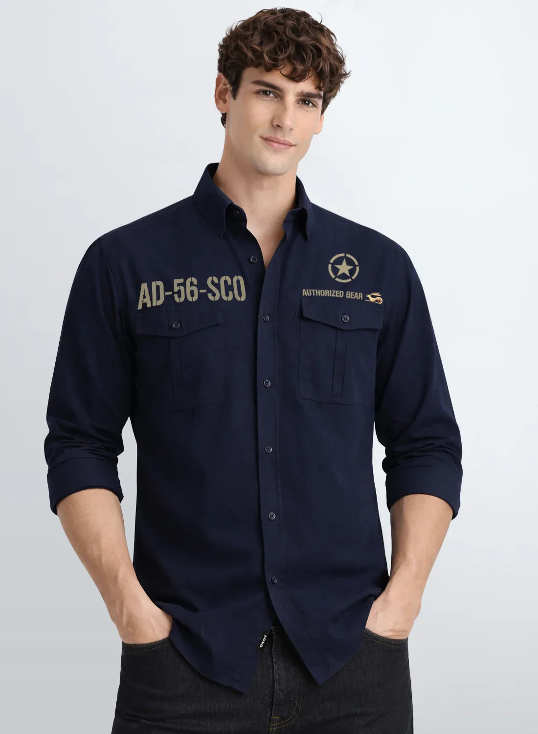 ADRO Mens Cargo Shirts in Regular Fit | Smart Dual Chest Pockets | Military Jacket Style | Navy Shacket Style Cotton Printed Shirt Navy Blue