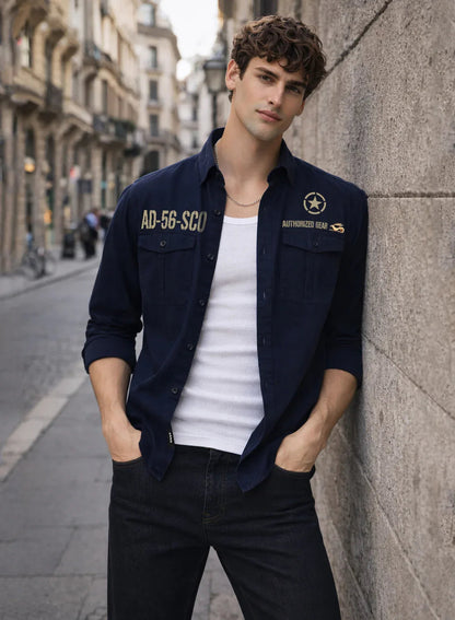 ADRO Mens Cargo Shirts in Regular Fit | Smart Dual Chest Pockets | Military Jacket Style | Navy  Shacket Style Cotton Printed Shirt