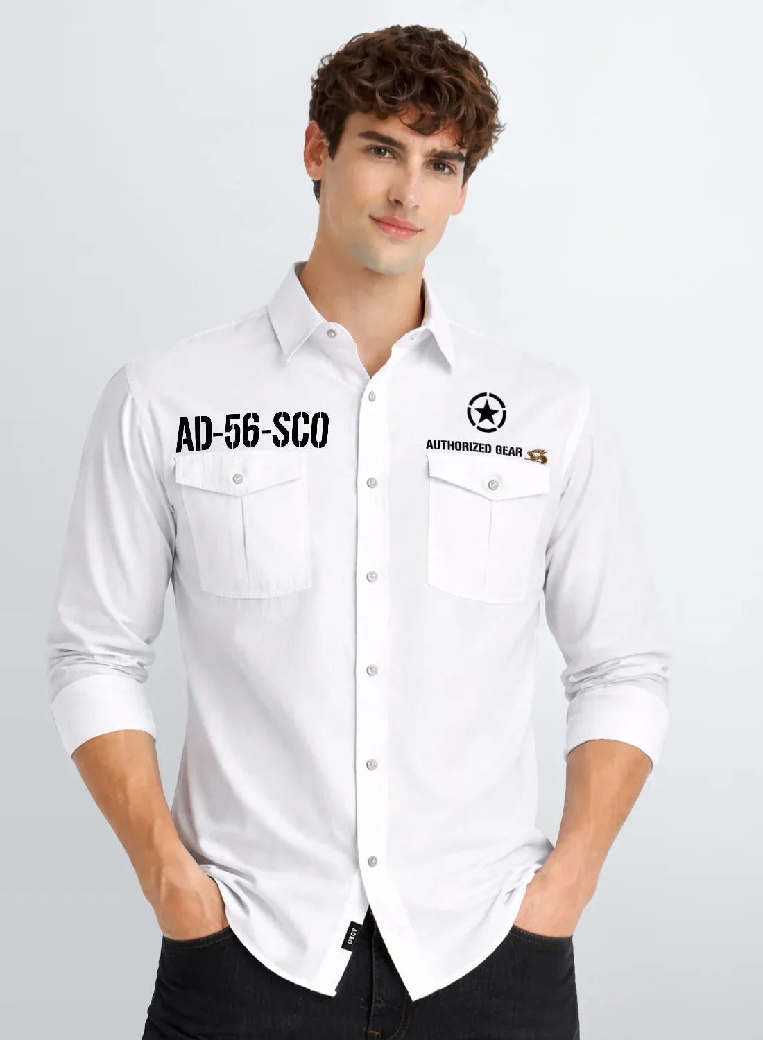 ADRO Mens Cargo Shirts in Regular Fit | Smart Dual Chest Pockets | Military Jacket Style | White Shacket Style Cotton Printed Shirt White