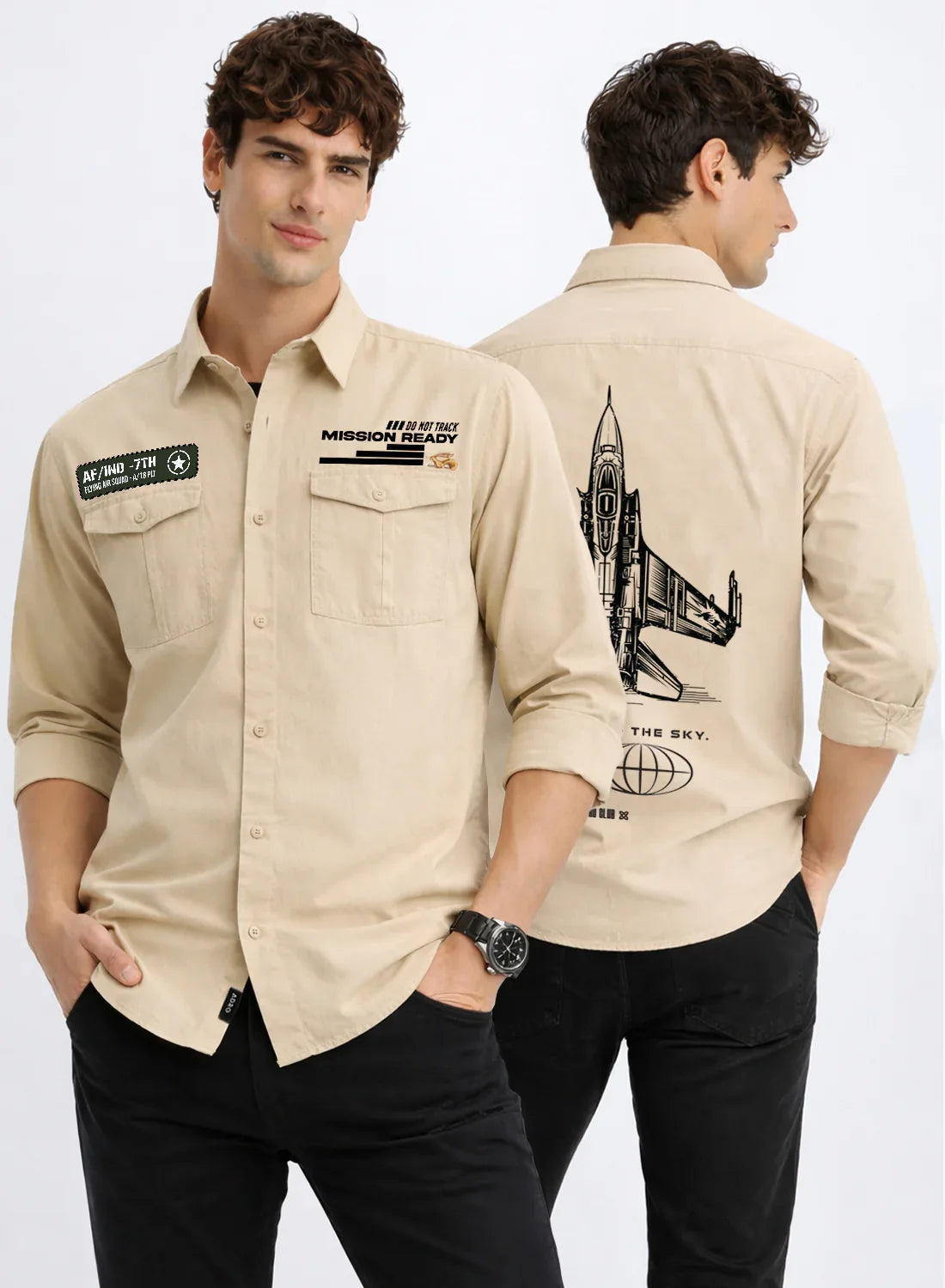 ADRO Mens Cargo Shirts in Regular Fit | Smart Dual Chest Pockets | Summer Military Jacket Style | Shacket Style Cotton Printed Shirt Beige