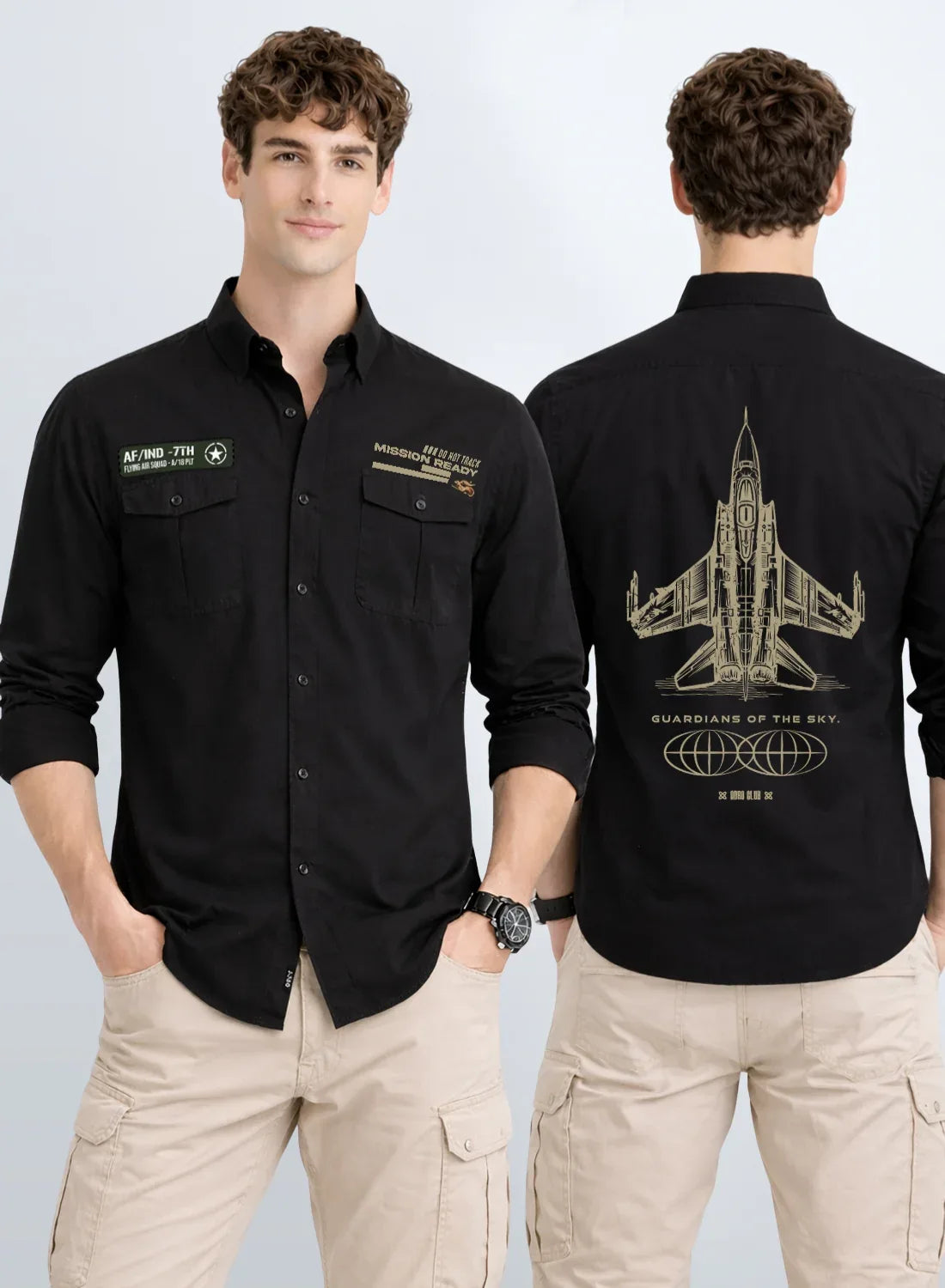 ADRO Mens Cargo Shirts in Regular Fit | Smart Dual Chest Pockets | Summer Military Jacket Style | Shacket Style Cotton Printed Shirt Black