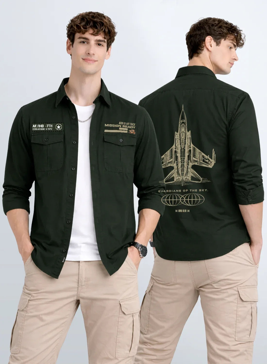 ADRO Mens Cargo Shirts in Regular Fit | Smart Dual Chest Pockets | Summer Military Jacket Style | Shacket Style Cotton Printed Shirt Green