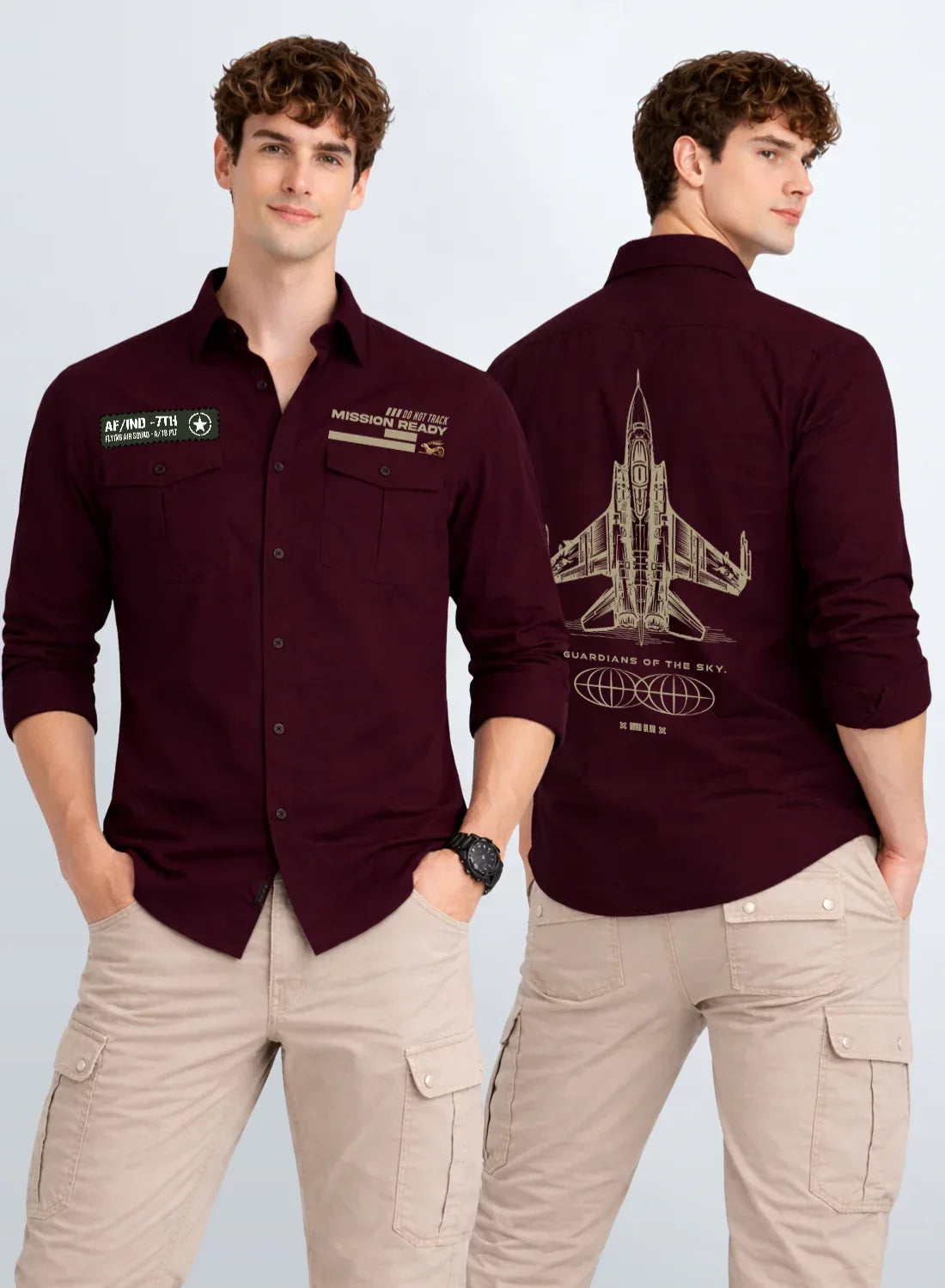ADRO Mens Cargo Shirts in Regular Fit | Smart Dual Chest Pockets | Summer Military Jacket Style | Shacket Style Cotton Printed Shirt Maroon