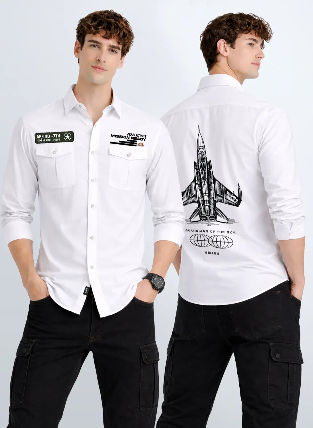 ADRO Mens Cargo Shirts in Regular Fit | Smart Dual Chest Pockets | Summer Military Jacket Style | Shacket Style Cotton Printed Shirt White