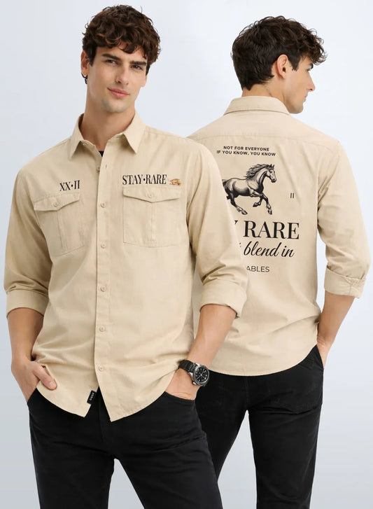 ADRO Mens Cargo Shirts in Regular Fit | Smart Dual Chest Pockets | Stylish Military Jacket Design | Shacket Style Cotton Printed Shirt Beige