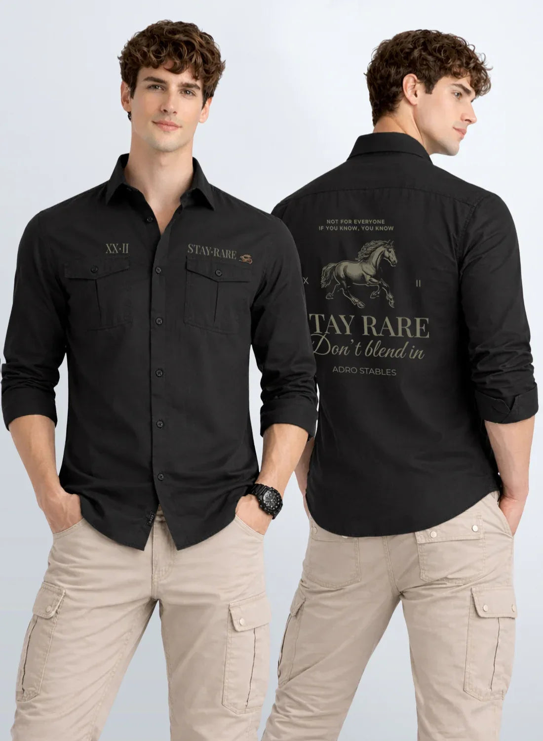 ADRO Mens Cargo Shirts in Regular Fit | Smart Dual Chest Pockets | Stylish Military Jacket Design | Shacket Style Cotton Printed Shirt Dark Grey