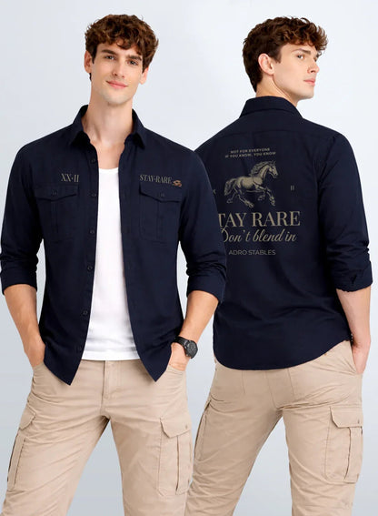 ADRO Mens Cargo Shirts in Regular Fit | Smart Dual Chest Pockets | Stylish Military Jacket Design | Shacket Style Cotton Printed Shirt Navy Blue