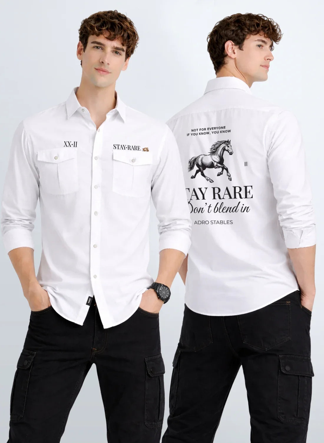 ADRO Mens Cargo Shirts in Regular Fit | Smart Dual Chest Pockets | Stylish Military Jacket Design | Shacket Style Cotton Printed Shirt White