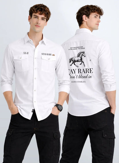 ADRO Mens Cargo Shirts in Regular Fit | Smart Dual Chest Pockets | Stylish Military Jacket Design | Shacket Style Cotton Printed Shirt White