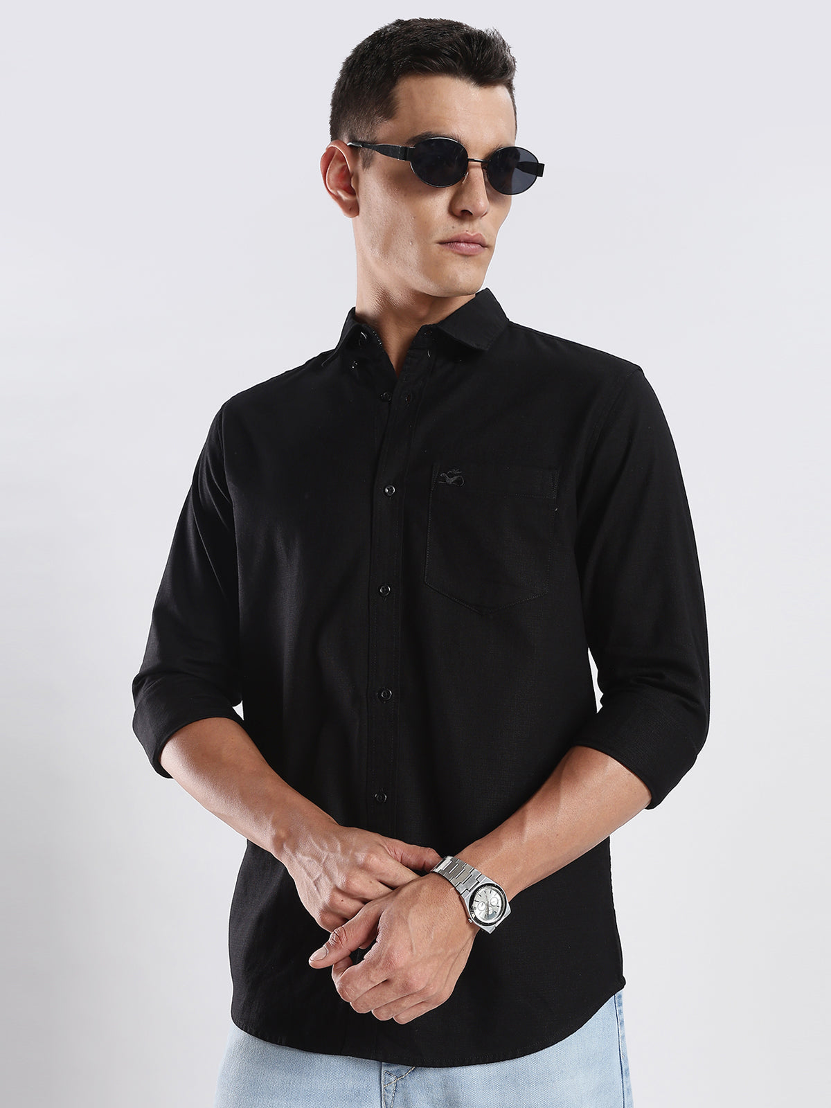Solid Cotton Linen Black Shirt