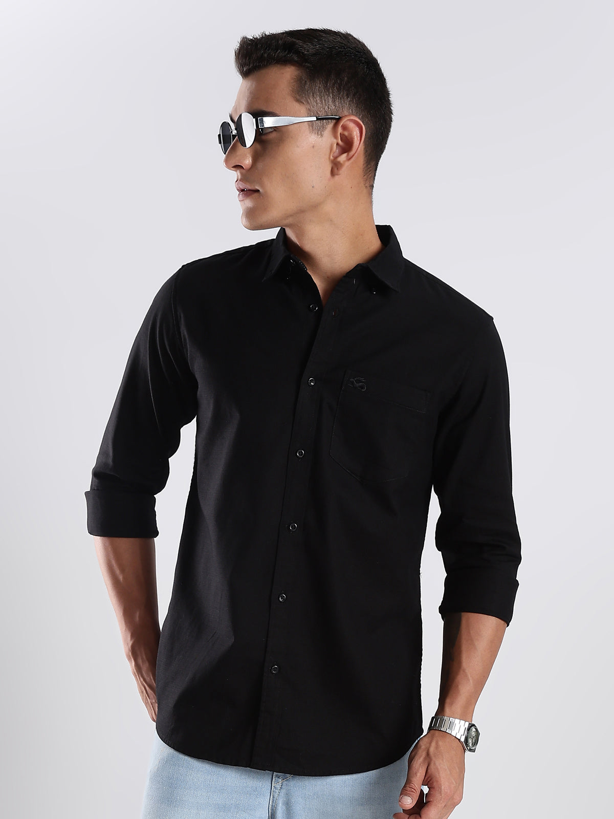 Solid Cotton Linen Black Shirt