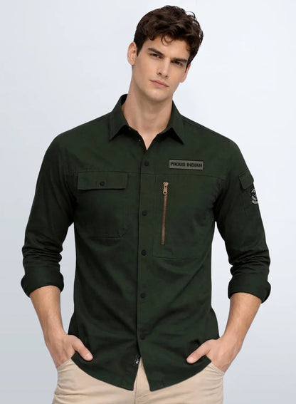 ADRO Men’s Solid Green Cargo Shirt| Premium Cotton Casual Shirts for Men | Zipper Pocket & Military Style Velcro Badge | Limited Stock