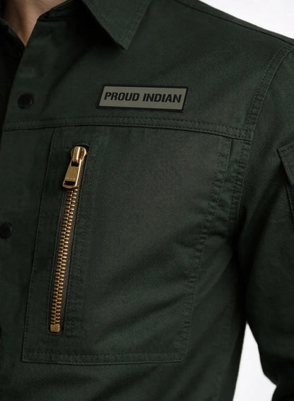 ADRO Men’s Solid Green Cargo Shirt| Premium Cotton Casual Shirts for Men | Zipper Pocket & Military Style Velcro Badge | Limited Stock