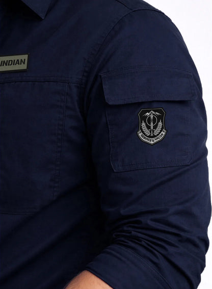 ADRO Men’s Solid Navy Blue Cargo Shirt| Premium Cotton Casual Shirts for Men | Zipper Pocket & Military Style Velcro Badge | Limited Stock