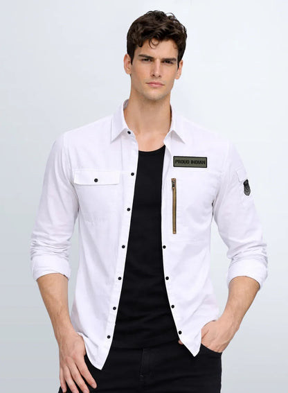 ADRO Men’s Solid White Cargo Shirt| Premium Cotton Casual Shirts for Men | Zipper Pocket & Military Style Velcro Badge | Limited Stock