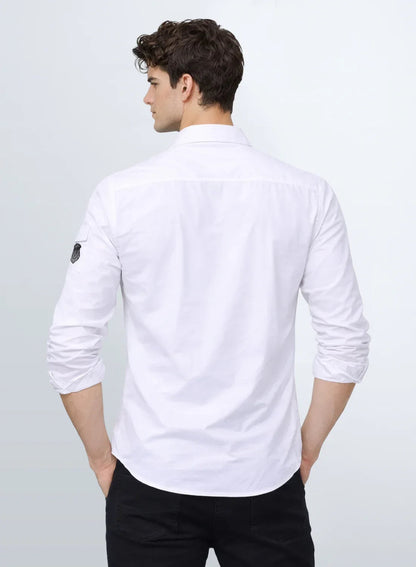 ADRO Men’s Solid White Cargo Shirt| Premium Cotton Casual Shirts for Men | Zipper Pocket & Military Style Velcro Badge | Limited Stock