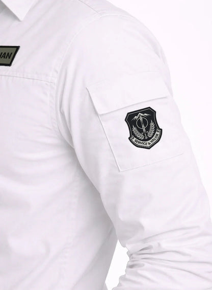 ADRO Men’s Solid White Cargo Shirt| Premium Cotton Casual Shirts for Men | Zipper Pocket & Military Style Velcro Badge | Limited Stock