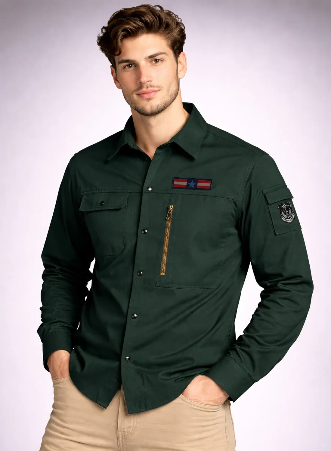 ADRO Men’s Solid Green Cargo Shirt| Premium Cotton Casual Shirts for Men | Zipper Pocket & Military Style Velcro Badge | Limited Stock