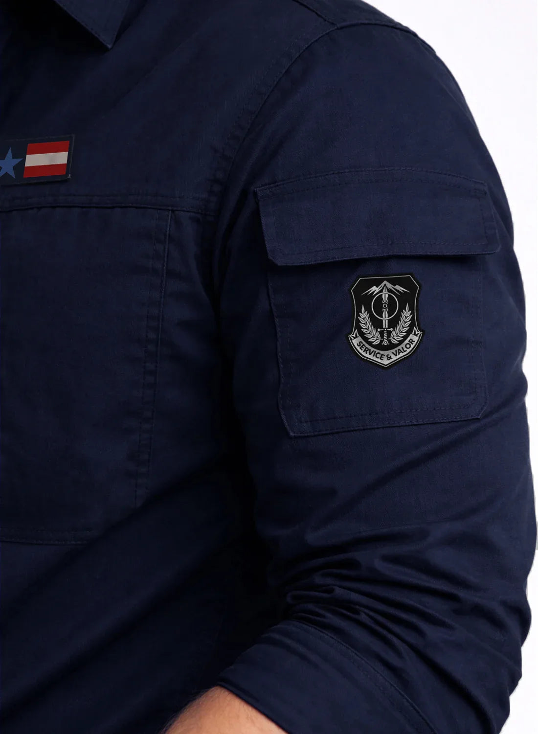 ADRO Men’s Solid Navy Blue Cargo Shirt| Premium Cotton Casual Shirts for Men | Zipper Pocket & Military Style Velcro Badge | Limited Stock