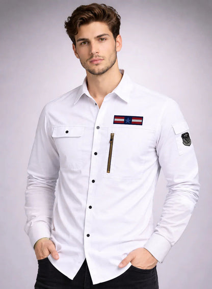 ADRO Men’s Solid White Cargo Shirt| Premium Cotton Casual Shirts for Men | Zipper Pocket & Military Style Velcro Badge | Limited Stock