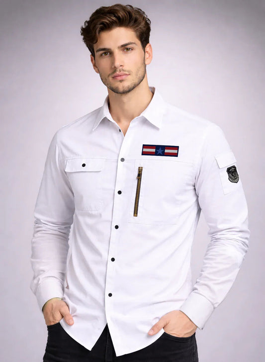 ADRO Men’s Solid White Cargo Shirt| Premium Cotton Casual Shirts for Men | Zipper Pocket & Military Style Velcro Badge | Limited Stock