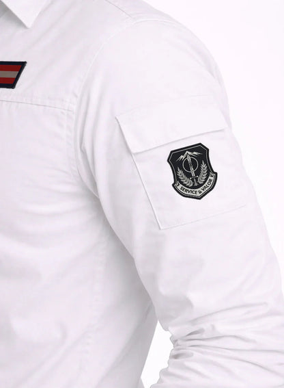 ADRO Men’s Solid White Cargo Shirt| Premium Cotton Casual Shirts for Men | Zipper Pocket & Military Style Velcro Badge | Limited Stock